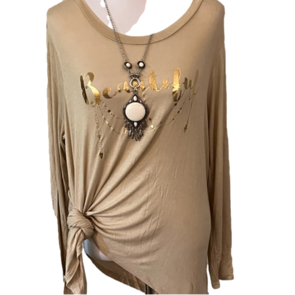 Tan “Beautiful” Foil Graphic Top – Long Sleeve Knot Hem Tee with Necklace - Picture 4 of 7